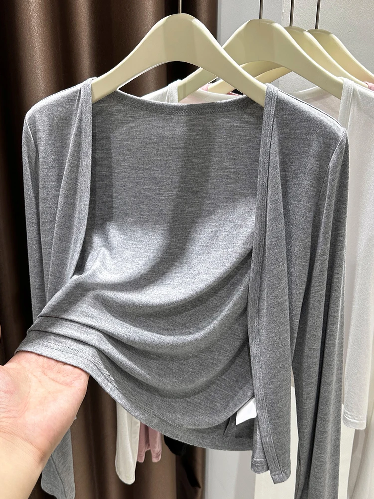 

Gray Ice Silk Knitted Cardigan Women Summer Sun Protection Shawl Outerwear Strap Modal Thin Outer Jacket Long Sleeve Cover up