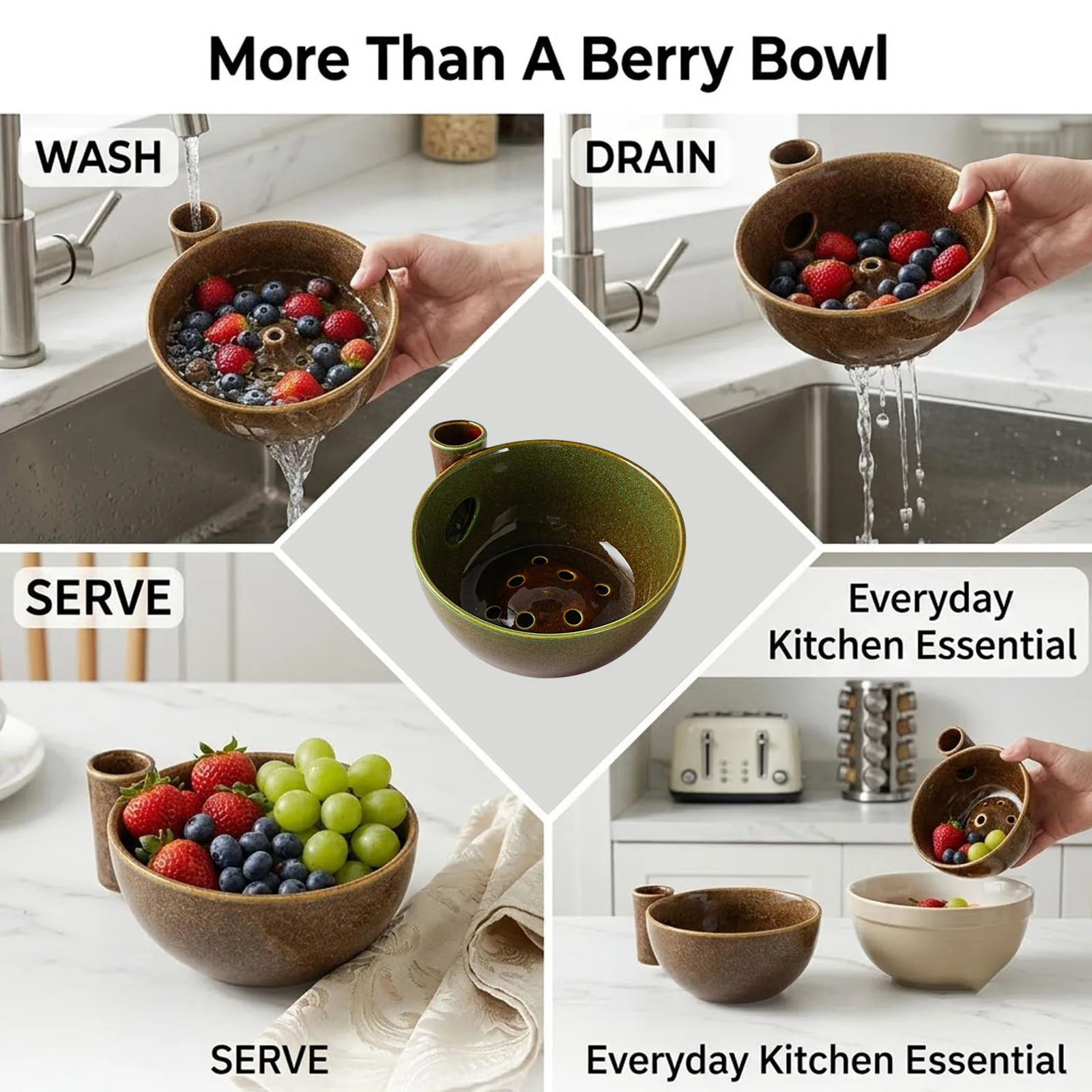 Ceramics Fruit Washer Spinner Handmade Vortex Berry Bowl Ceramics Fruits Washing Colander for Strawberries Blueberries Grapes - view 5