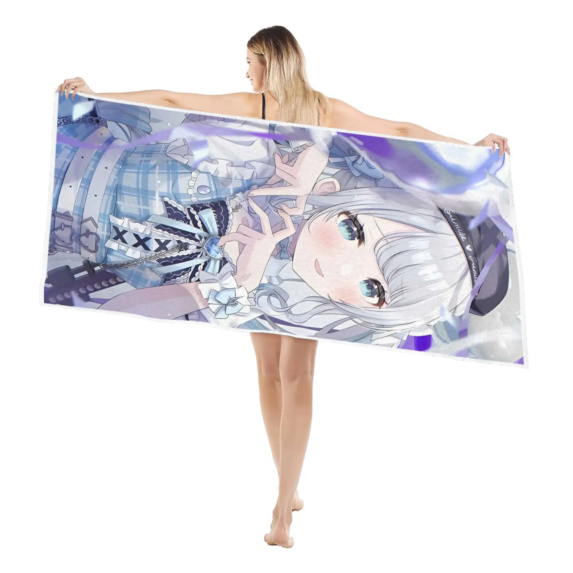 1PC V-Vtuber Anime Girl Beach Towel Cute Lolita Silver Hair Character Microfiber Quick Dry Extra Large Beach Towel Fan Gift