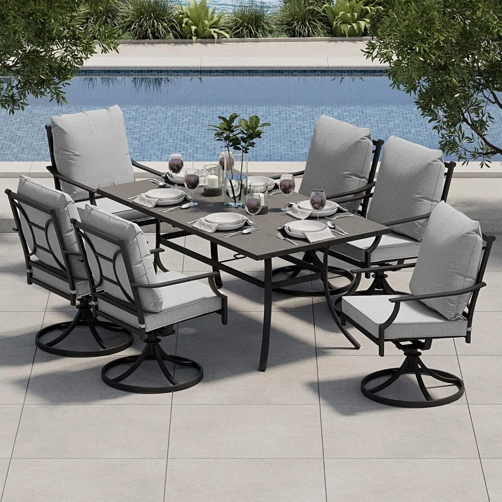 

7-Piece Patio Dining Set for 6,Swivel Patio Chairs with Olefin Cushions&1Rectangular Woodgrain Dining Table with Umbrella Hole
