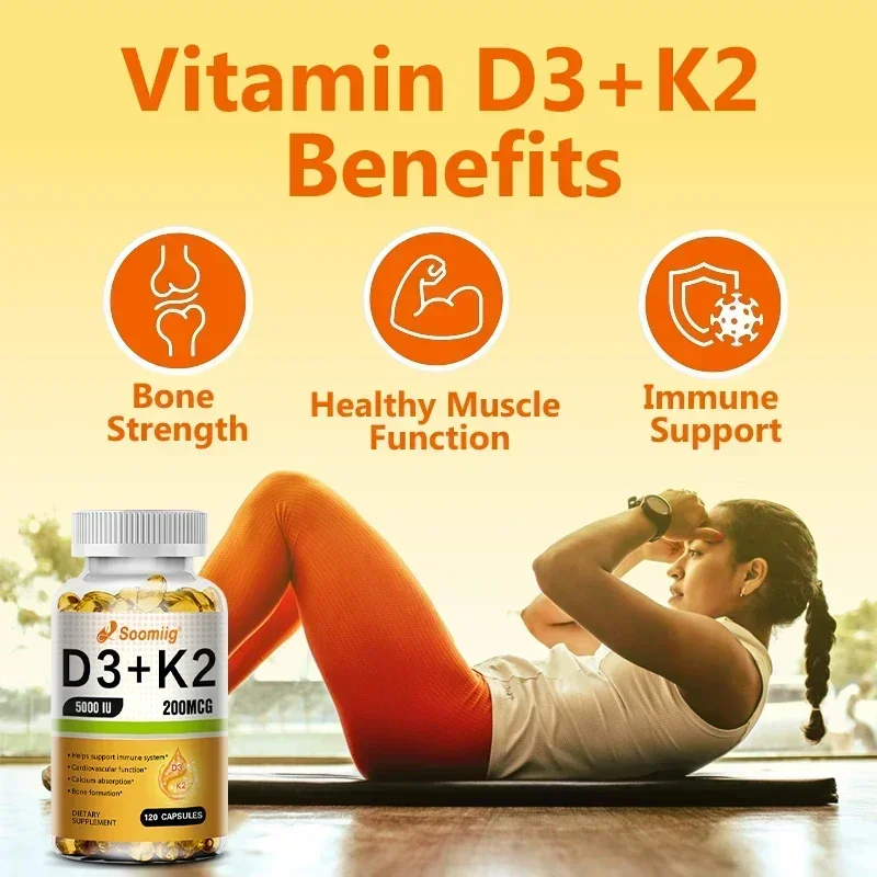 Vegan Vitamin D3+K2 Capsules Improves Calcium Metabolism Promotes Bone Health Heart and Immune System Health