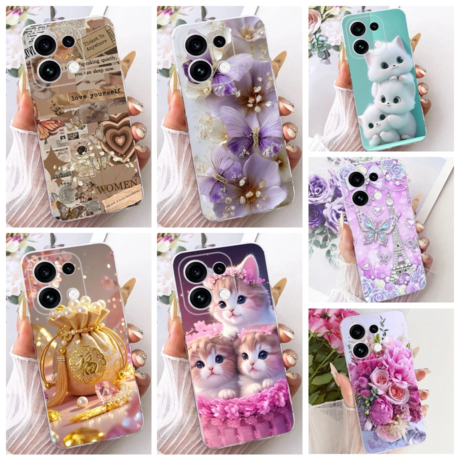 For Oppo Reno16 Pro 5G Global CPH2863 Phone Case Clear Soft Silicone Back Cover Cute Cat Butterfly Flower Bow Pattern Fundas