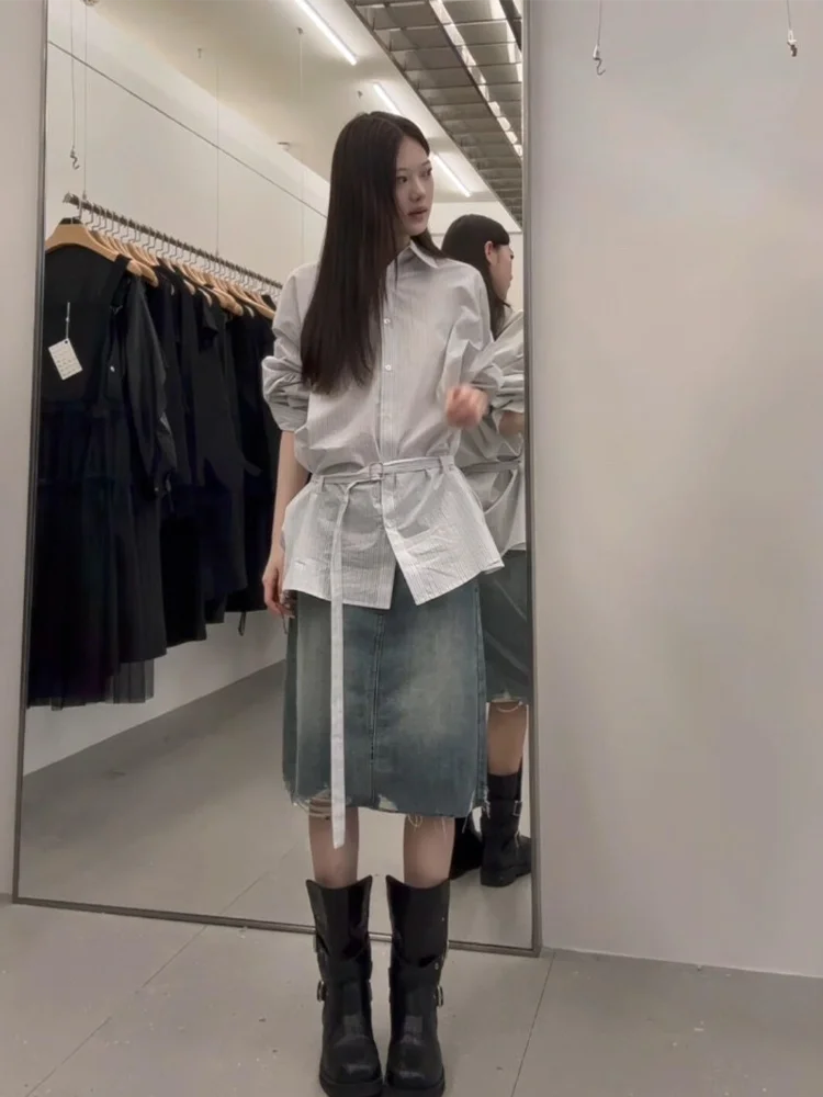 Retro Hong Kong Style Light Blue Back Slit Denim  Skirt for Women Commute Fashion Straight Cut Spring Summer New Arrival