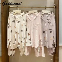 Japanese Pajamas Spring and Autumn Female Cartoon Bear Cute Dog Long Sleeve Shirt Trousers Loungewear Cotton Nightgown Sleepwear