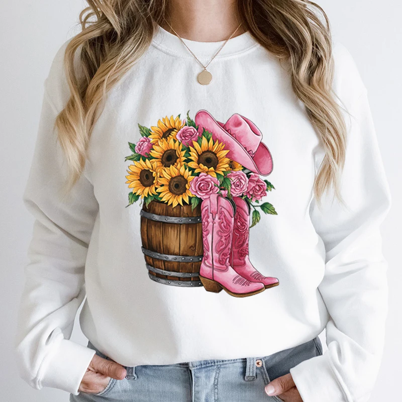 

Funny Cowgirl Sunflower Pink Boots Print Round Neck Long Sleeve Hoodless Sweatshirt Pullovers Ladies Casual Pure Color Pullovers