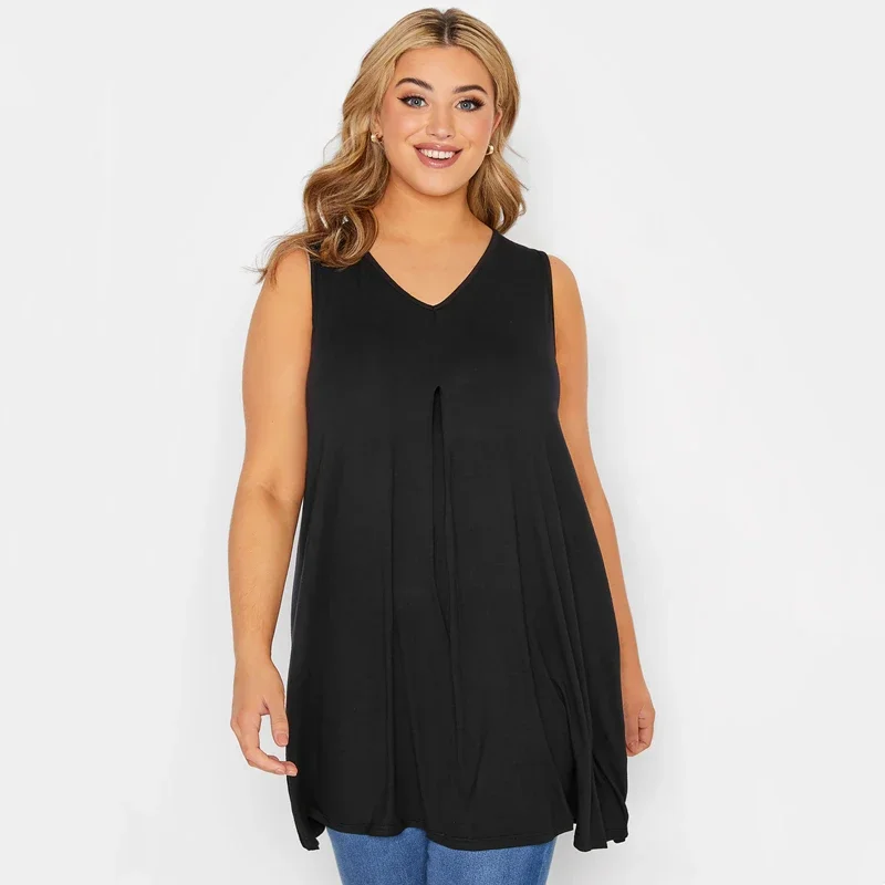 

Plus Size V-neck Summer Elegant Longline Vest Top Women Casual Sleeveless Swing Tunic Tank Pleated Detail Flare Top Blouse 7XL