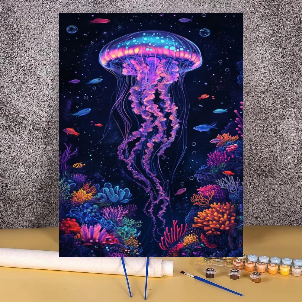 Glowing Neon Jellyfish Coral Reef Deep Ocean Oil Painting By Number Modern Wall Decor Canvas Art for Living Room Bedroom Gift