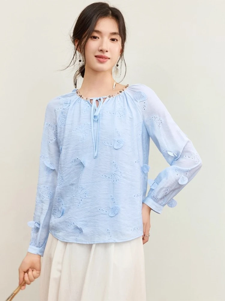 SENTUBILA Women‘s Chiffon Blouse Solid Butterfly Embroidery Lace Tie-Neck Blouse 2025 Autumn Bohemian Loose-fit Shirt 153VA3819