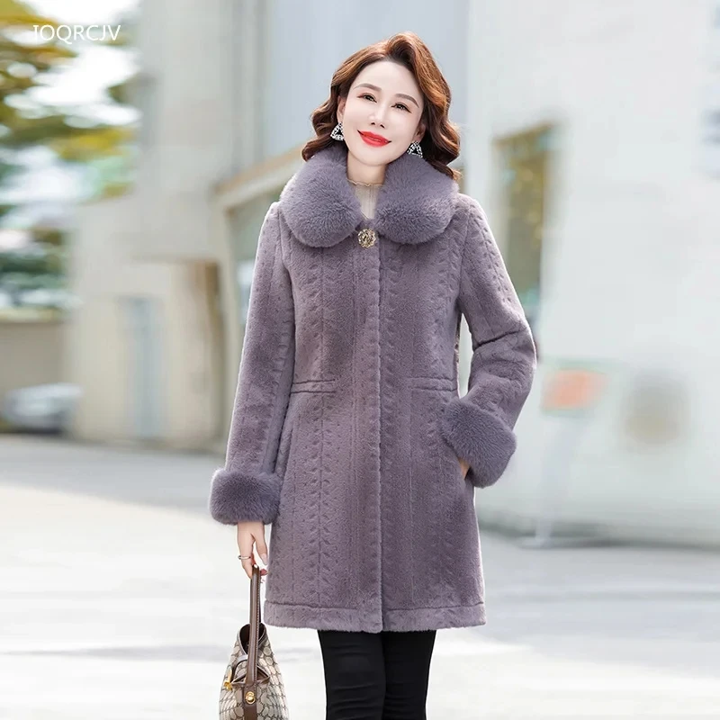 Winter Noble Mother's Fur Coat High Quality Thicken Imitation Mink Cashmere Coat Middle Aged Women Woolen Overcoat Fur Jackets