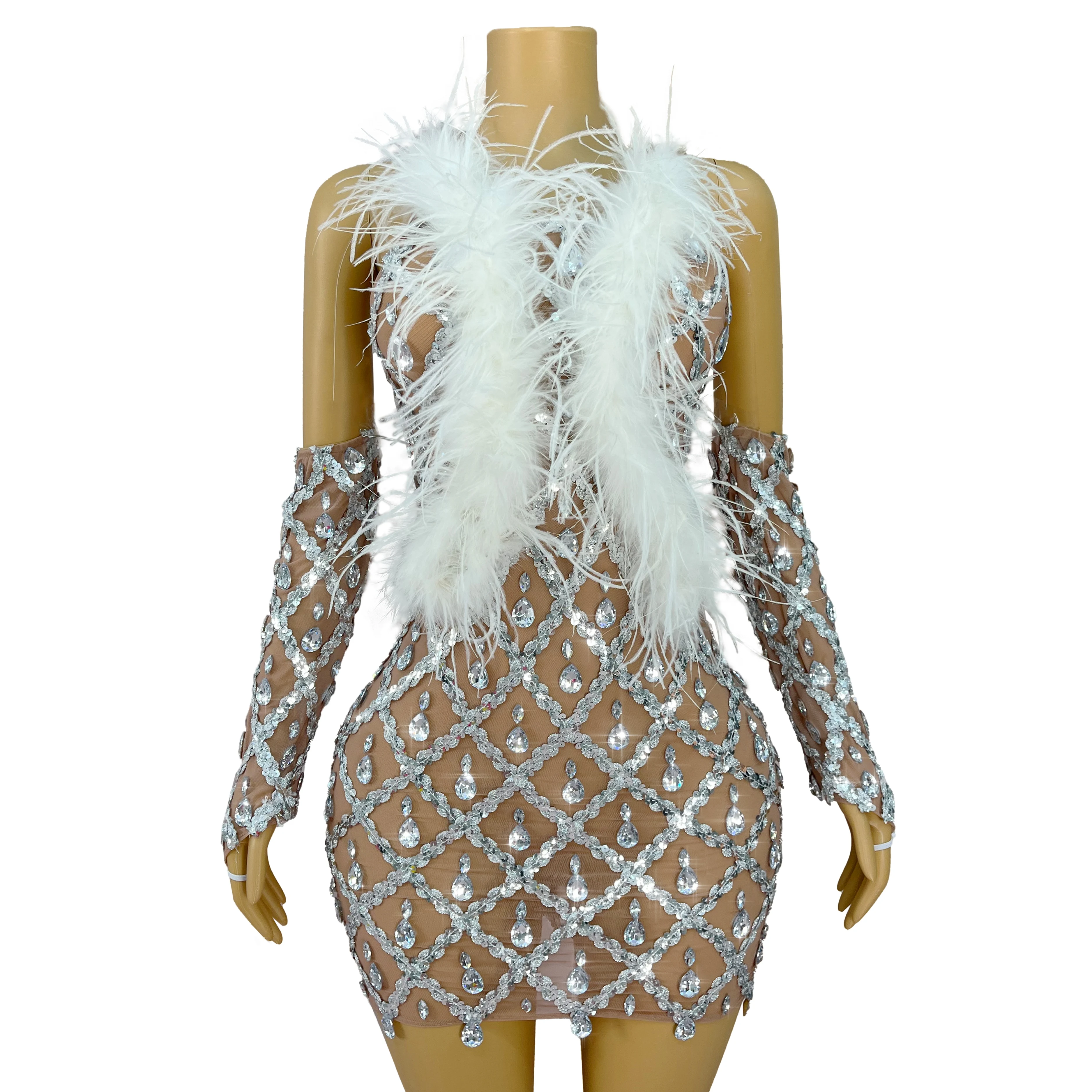 

Flashing Silver Rhinestones Oversleeves Dress Sexy Feather Mesh Outfit Women Evening Party Costume Fashion Show Outfit Shaokao
