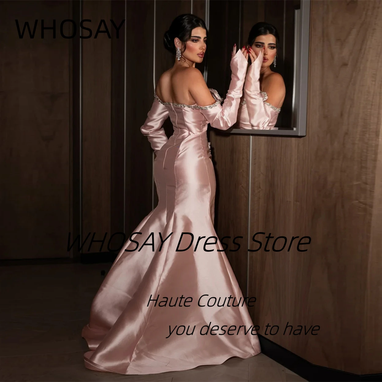 WHOSAY Abendkleid Handmade Crystals Mermaid Prom Dresses Long Sleeves Formal Occasion Dress Side Slit Evening Gowns Customized