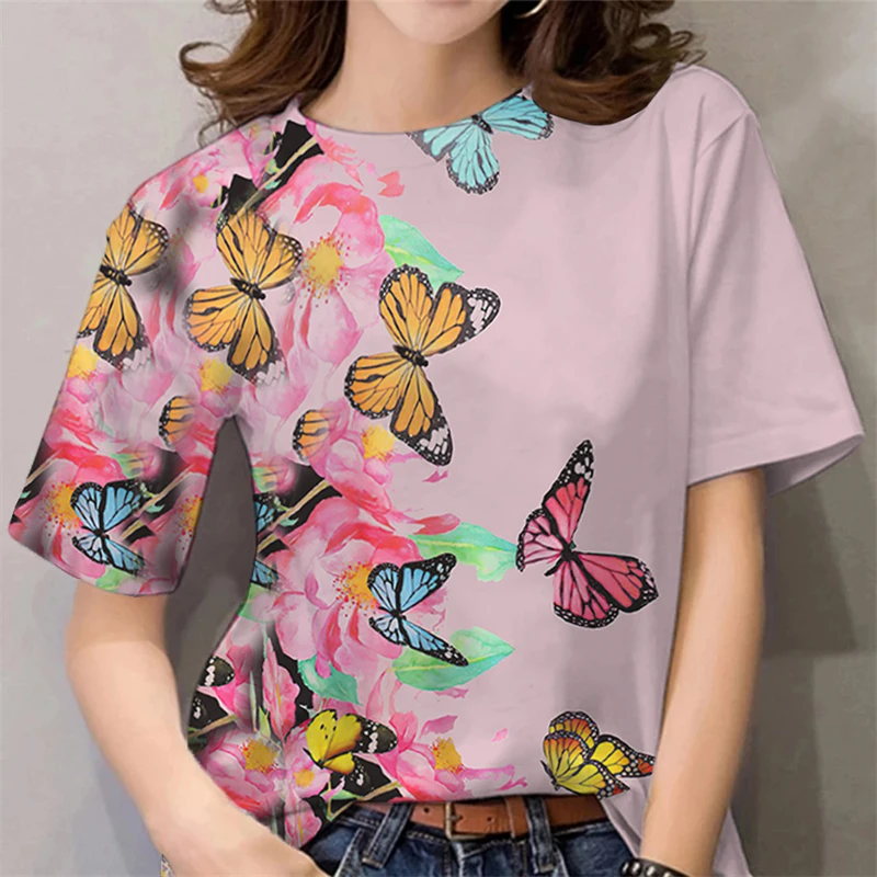 Summer Women T-Shirt Floral Print Tops Y2k Girls Graphic Tees Fresh Casual Short Sleeve T Shirt Comfy Clothes Streetwear Tshirt