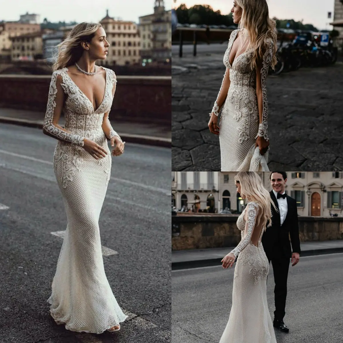 Bohemian Lace Mermaid Wedding Dresses Boho Vintage Long Sleeves V Neck Backless Beach Bridal Gowns Vestido De Novia