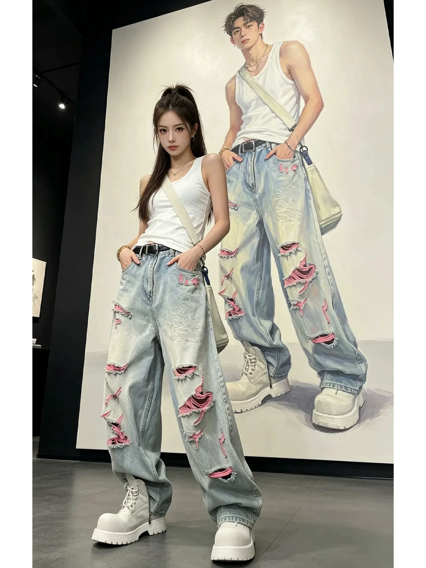 

Pink Ripped Denim Jeans Men's Summer Loose Wide Leg Pants Trendy Brand Cool Wash Slimming Straight Leg Trousers