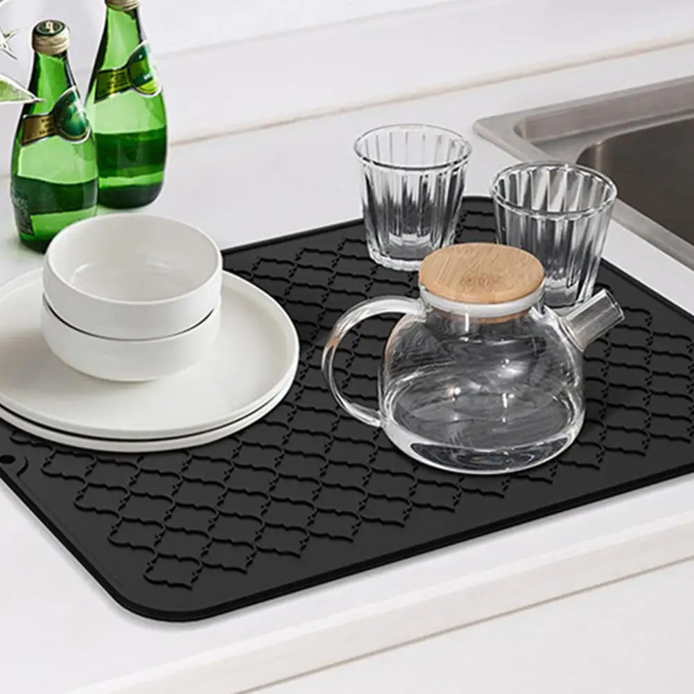 

Kitchen Countertop Silicone Drying Mat Rectangle Quick Drying Waterproof Dish Bowl Plate Dinnerware Placemat Heat Insulation Pad
