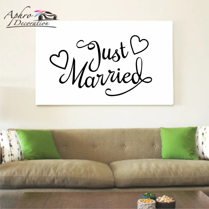 Wedding Decor Decals Just Married With Hearts Sign Wedding Car Stickers Quote Wall Decals Removable Vinyl Decor Poster