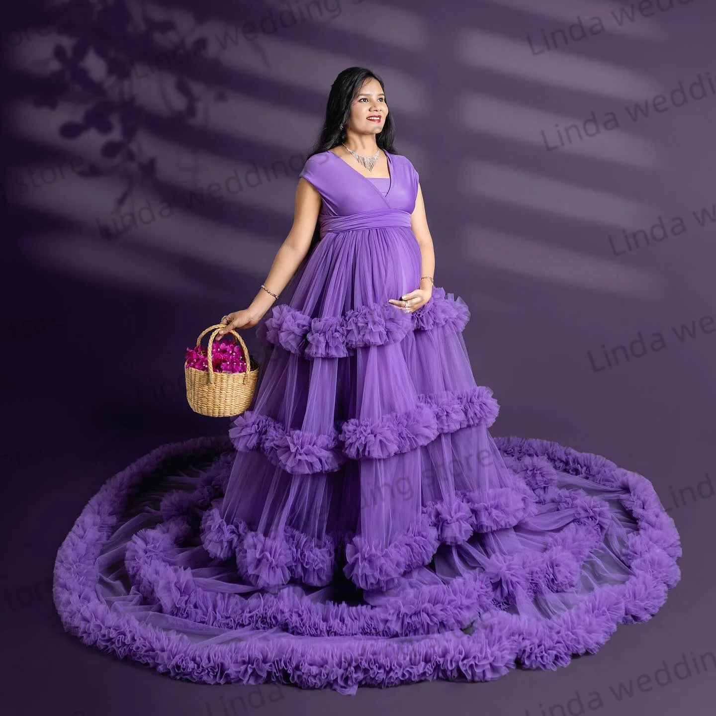 Purple Evening Dresses for Babyshower Tiered Ruffled Maternity Gowns Women Illusion Ruched  Pregnancy Babyshower Gowns