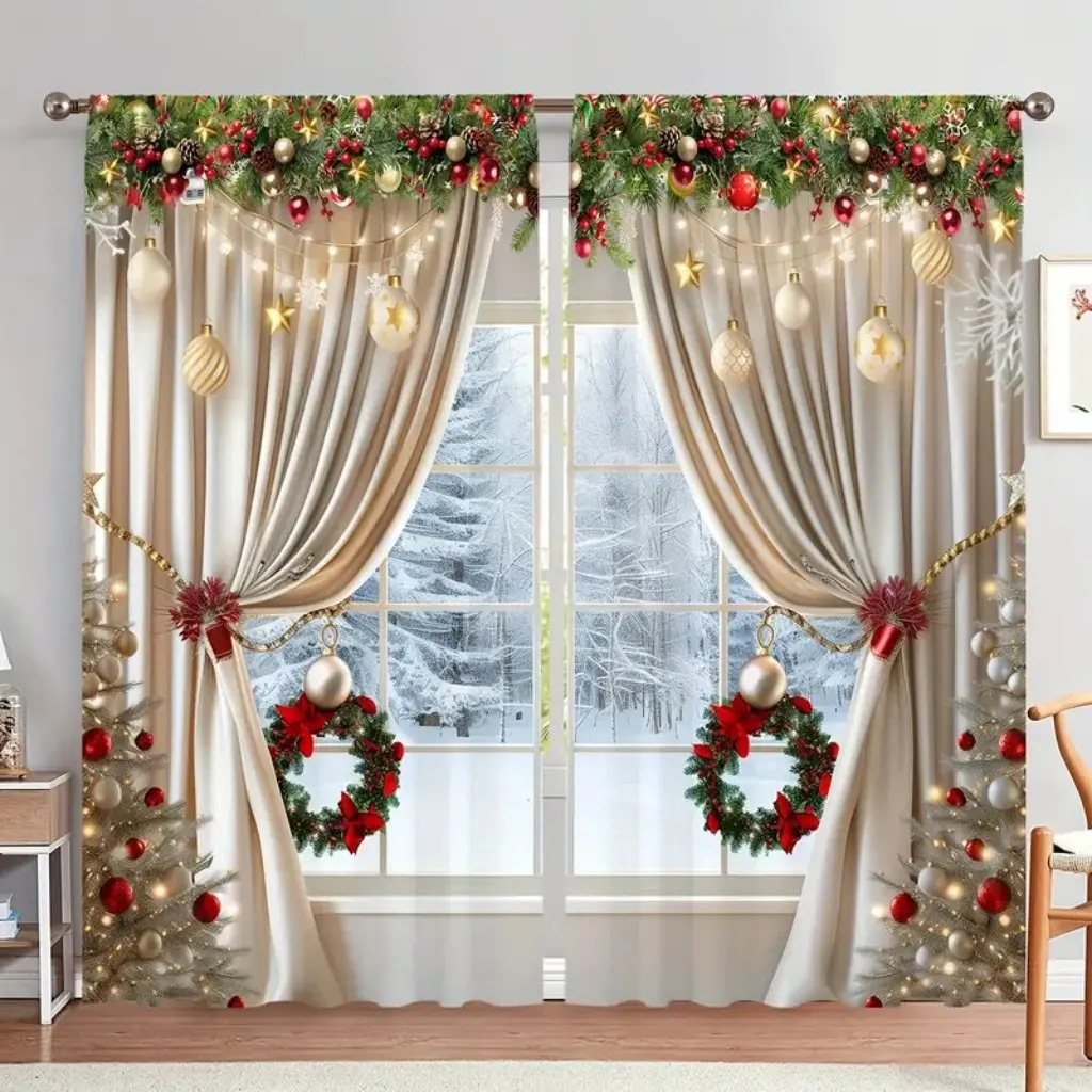 2pcs Luxurious Christmas Curtains With Golden 3D Digital Design Light-Filtering Window Curtain for Living Room, Bedroom, Office,