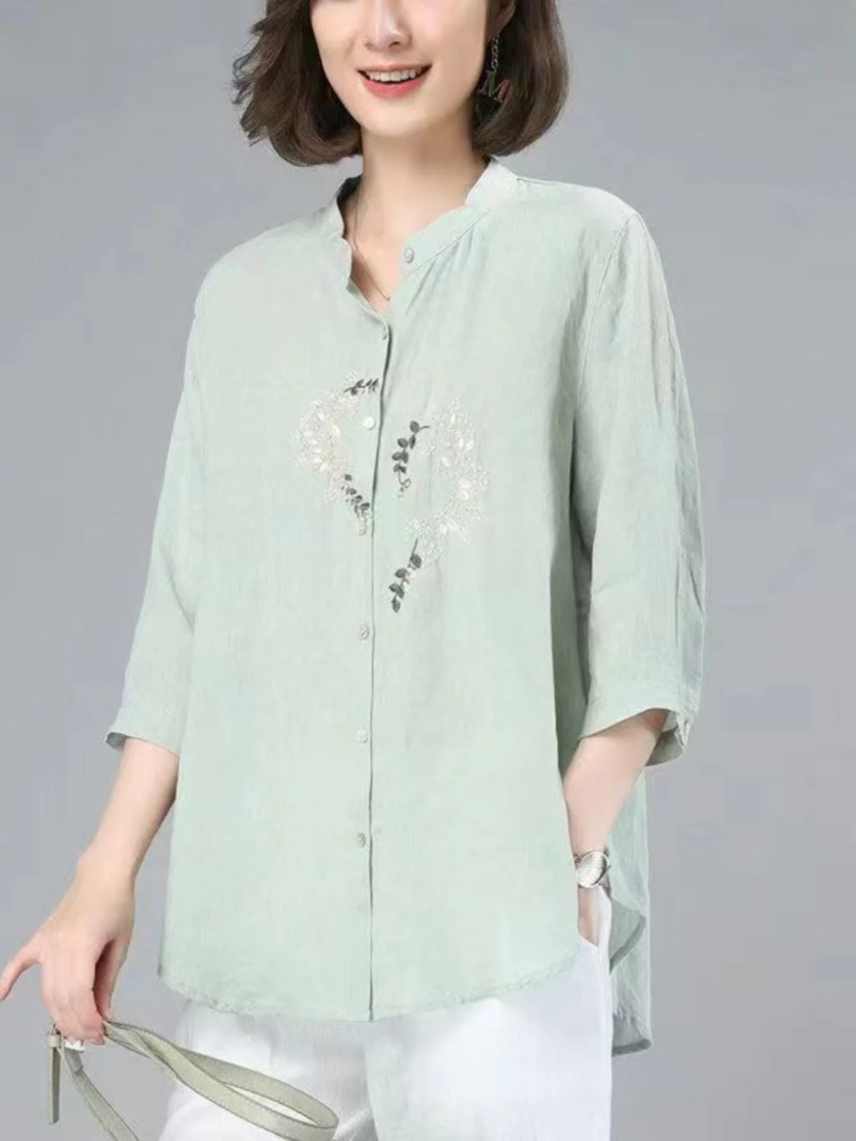 

Женская хлопково-льняная летняя тонкая свободная верхняя одежда Seven-Quarter Sve Faionable Top Mid-Sleeve, универсальная верхняя одежда