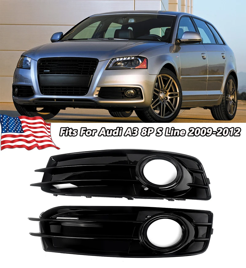 

MAGICKIT 1 Pair Fog Light Grille Gloss Black Fit For Audi A3 8P S-Line 2009-2012 Factory Style Car Accessories tools ABS Plastic