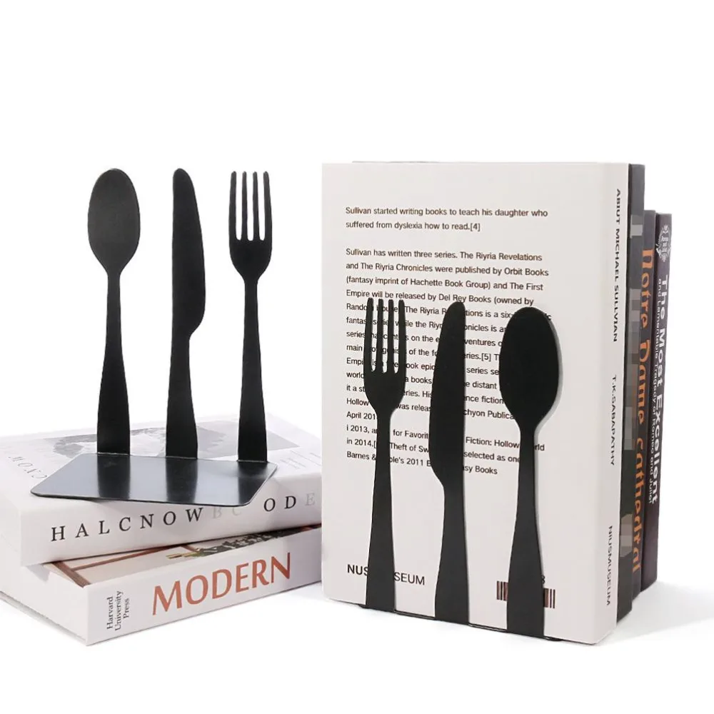 Kitchen Utensils Shape Metal Bookends Black Set Multi-Function Desktop Book Holder Practical Storage Space Saving
