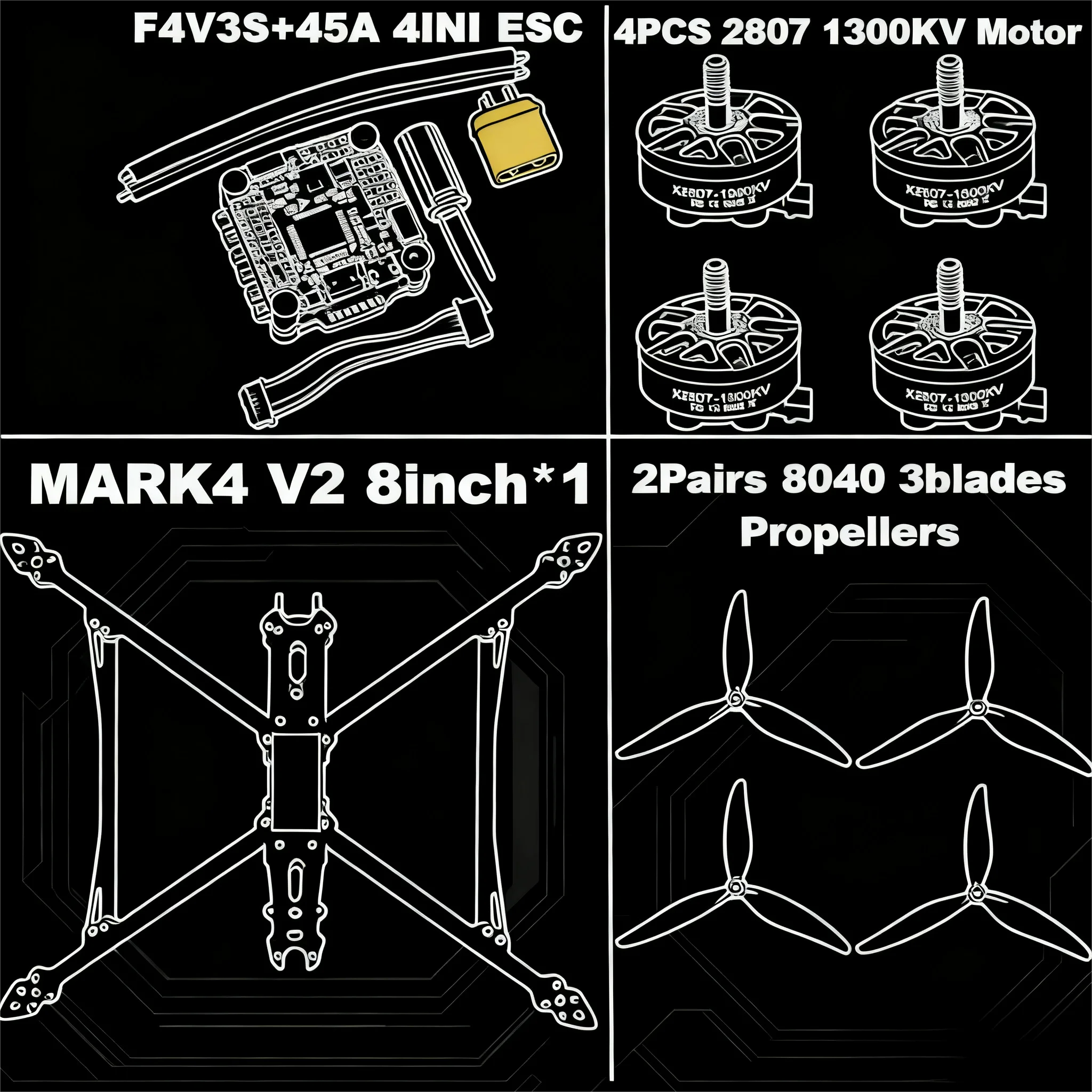 MARK4 V2 8 بوصة F4V3S/F4V3S PLUS التحكم في الطيران 45/60A 4INI ESC رف الطائرة بدون طيار FPV ألياف الكربون PV سباق الطائرة بدون طيار كوادكوبتر حرة