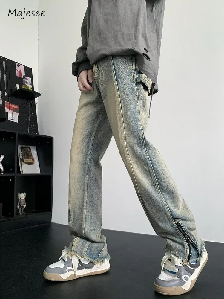 

Jeans Men Retro Nostalgic Vintage Spring Autumn Side-slit Zipper Raw Edge American Style Minimalist Slouchy Mopping Trousers Y2k