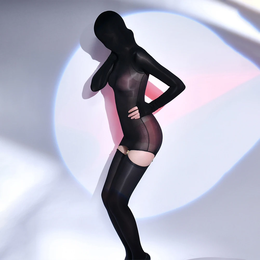 

Lingerie Stockings Womens Top Daily Bodysuit Jumpsuit Leotard Sheer Long Sleeve Oil Shiny Smooth Solid Color Split