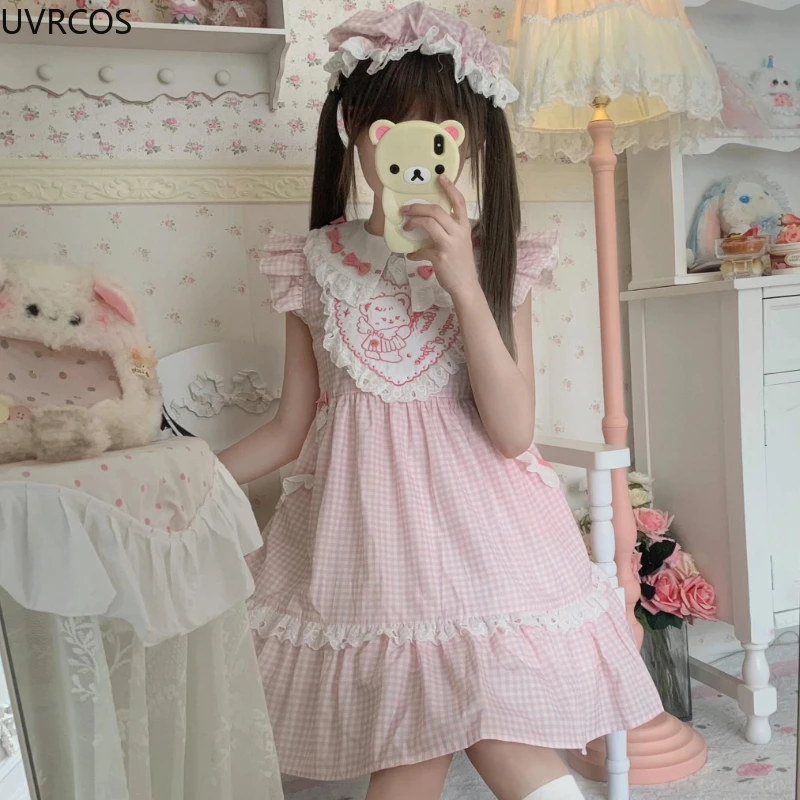 Pink Sweet Plaid Lolita Dress Women Kawaii Cute Bow Bear Embroidery Party Mini Dresses Female Vintage Elegant Fairy Dress Summer