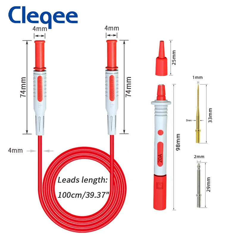 Cleqee P1032A 4มม.กล้วยปลั๊กทดสอบชุดเปลี่ยนได้ Gilded Multimeter Probe ความปลอดภัยหมวก Test Probe สำหรับมัลติมิเตอร์