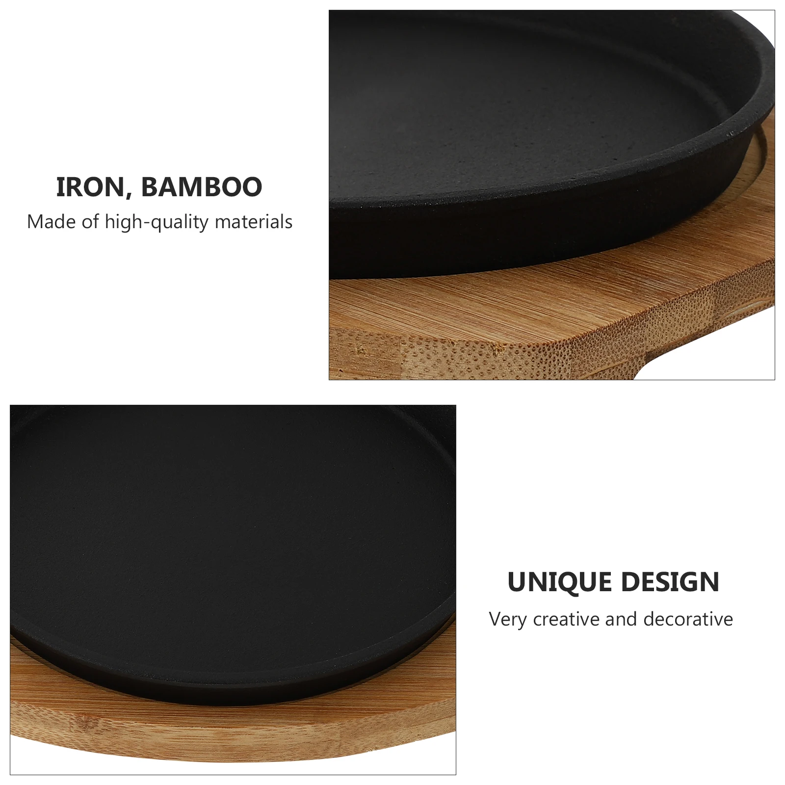 

1set 1Set Steak Teppanyaki Tray Cast Iron Bbq Plate Non-Stick Grilling Pan For Outdoor Indoor Use Bamboo Handle For Fish