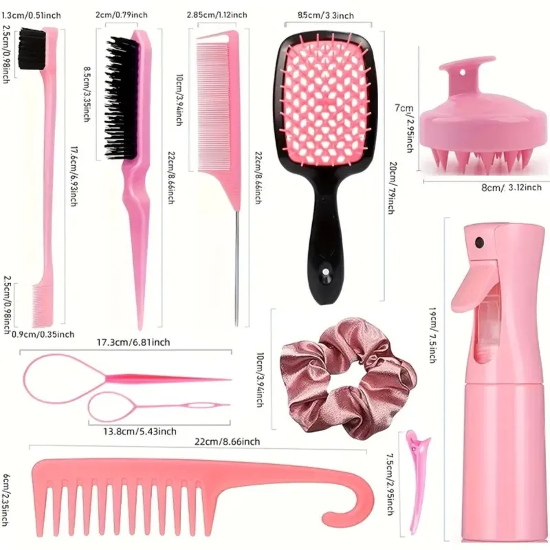 12pcs Complete Hair Styling Comb Set - Versatile Detangling & Teasing Combs, Edge & Rat Tail Brushes, Scalp Massager, Spray Bott