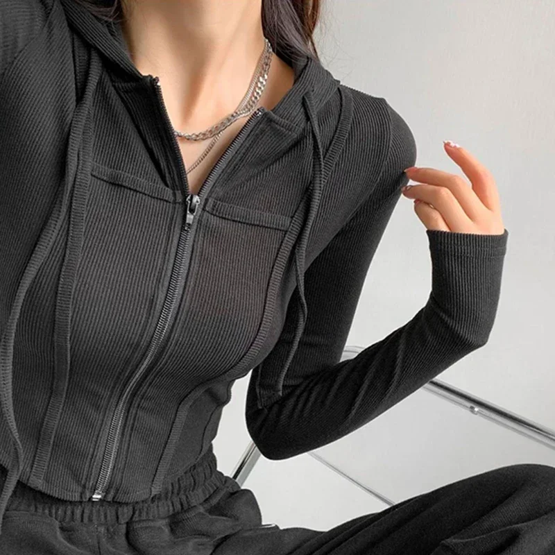 Thin Hooded Cardigan Women Korean Vintage Slim Summer Solid Sports Jacket Vertical Pit Stripe Zipper Female Sexy Cropped Tops