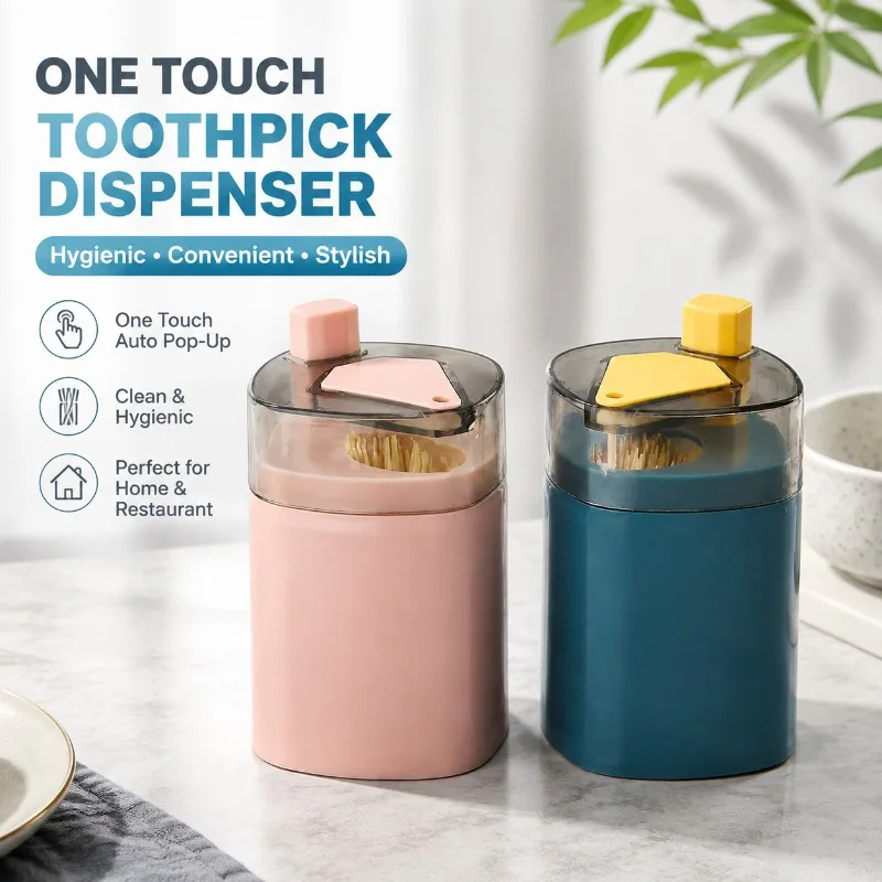 Creative Press‑Operated Toothpick Canister Auto‑Eject Nordic‑Toned Compact Vessel for Household Dining Desk Bistro Portable