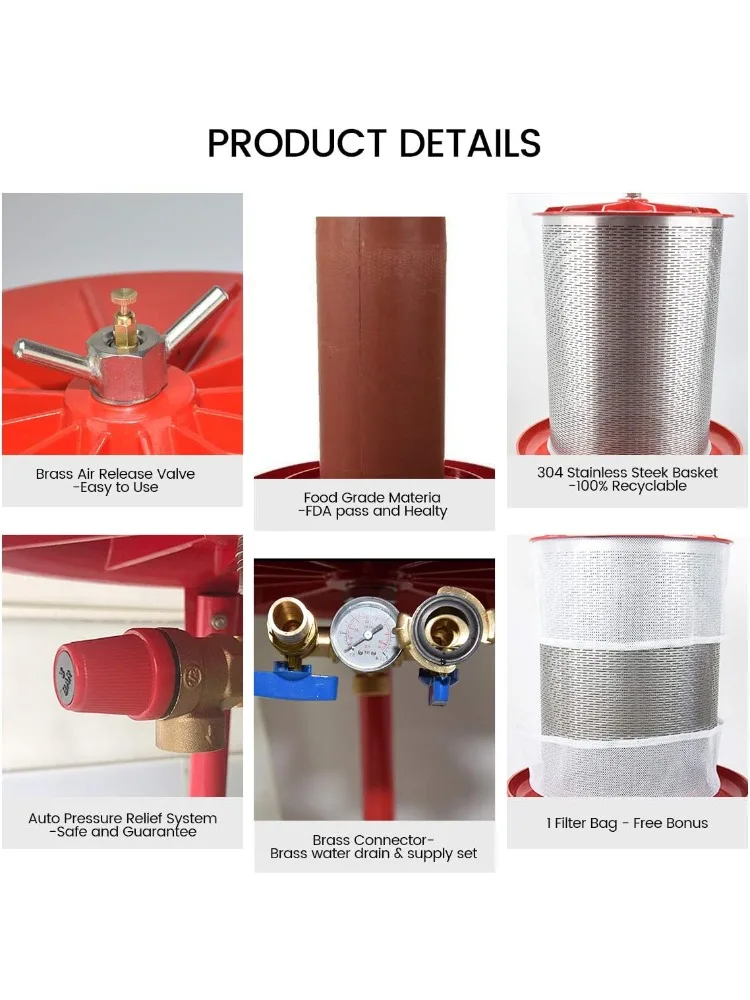 ماكينة ضغط نبيذ الفاكهة - ماكينة مثانة النبيذ الجانبية الخالية من الكهرباء/المياه، صناعة العصير الطبيعي (10.7 جالون، مع ملف