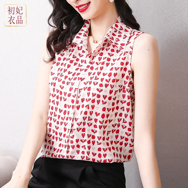 #2503 Woman Tops And Blouses Summer Sleeveless Vest Shirt Pink Heart Shape Ladybug Print Thin Elegant Lady Tops Korean Fasion