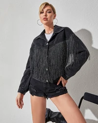 FTLZZ Wiosna Jesień Damska Kurtka Dżinsowa Casual Lady Tassel Denim Coat Vintage Lapel Button Denim Jacket