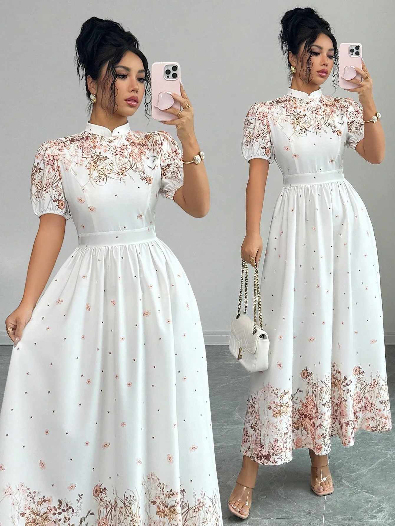 

Women Floral Print Off-Shoulder Short Sleeve Hollow Waist Maxi Dress