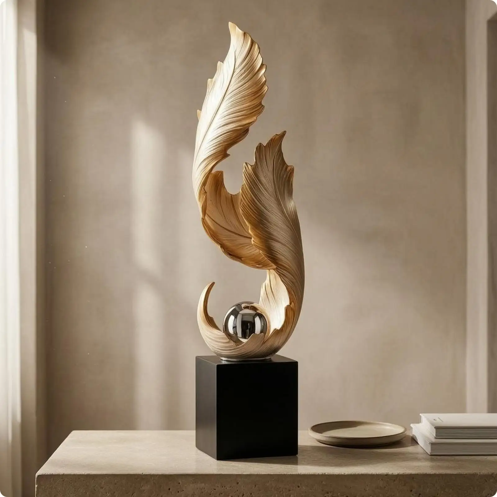 Golden feather statue, multi-layered floor decoration, standing ornament,