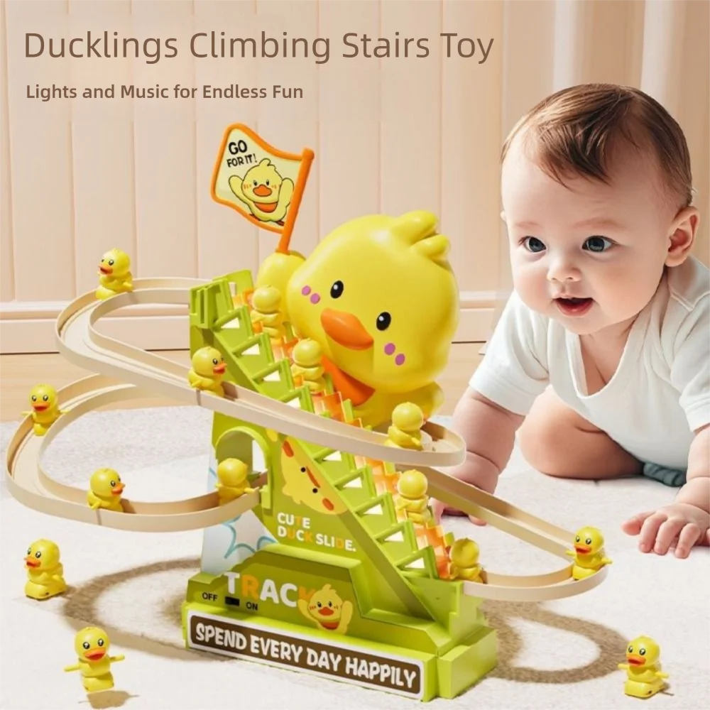 Electric Ducklings Climbing Stairs Toy Yellow 6PCS Ducks Little Duck Slide Toy with Intersting Song Visuals&crawling