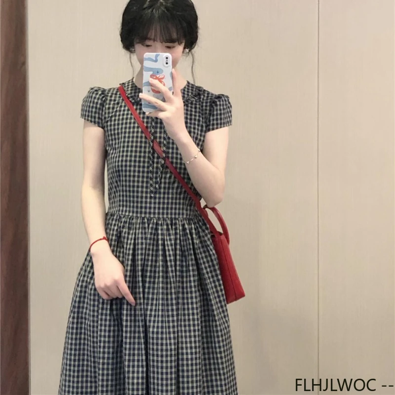 Abiti vintage carini Donna Estate Manica corta Retro Mori Ragazze Vita sottile Stile coreano Abito camicia scozzese in cotone dal design giapponese