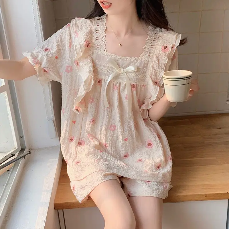 Kawaii Clothes Sleepwear Women Summer Short Sleeve Cotton Pajamas Sets Lace Loungewear Two Piece Girls Nightwear Korean Pajamas