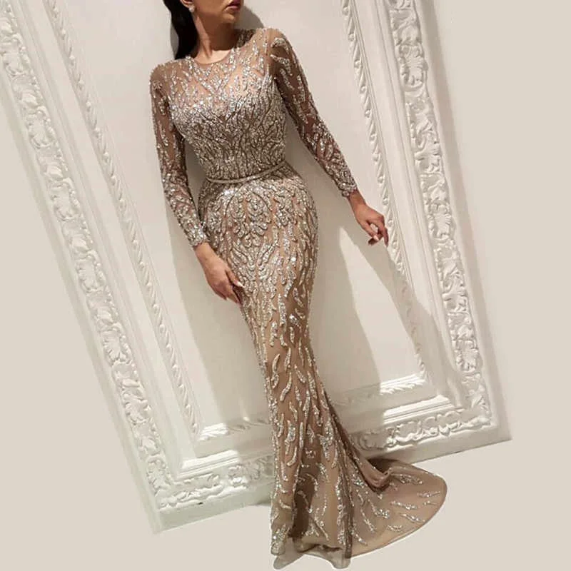 

2025New Cross-Border Foreign Trade Women's Fashion European and American Amazon Sexy Dress Gold-Plated Long Sleeve Mermaid Ball