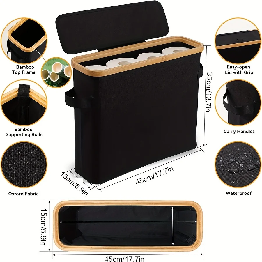 Bamboo toilet paper holder with lid - Self-contained bathroom organizer with handle, enclosed tissue storage box