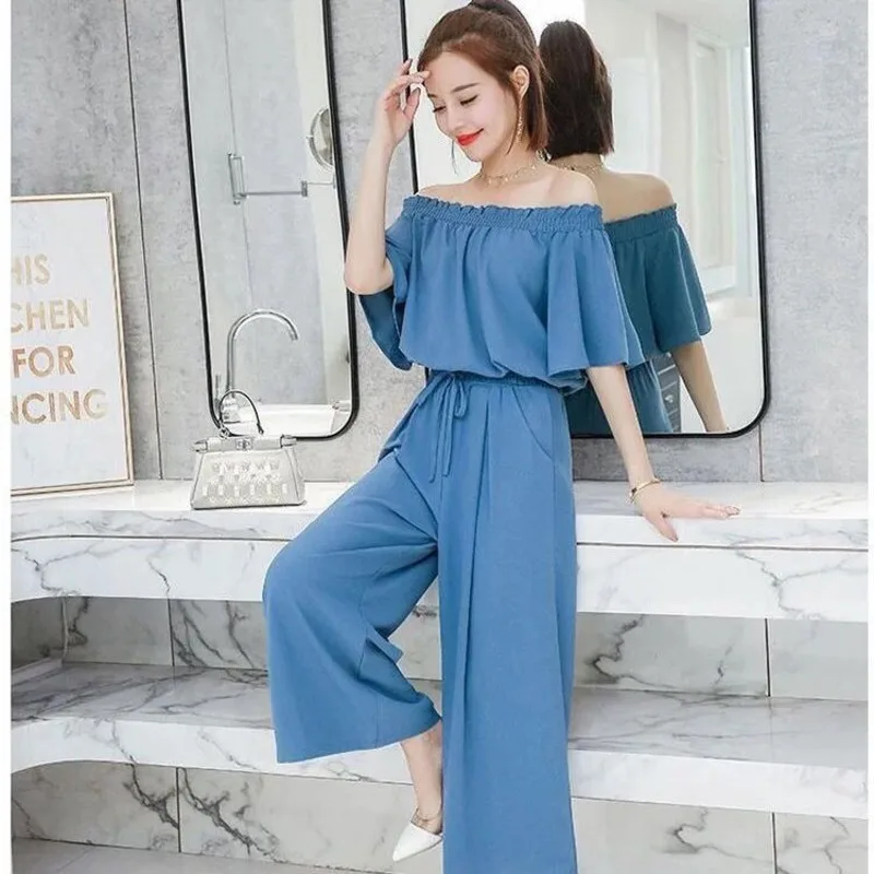 Women's Casual Suit French Style Two Piece Set 2023 Summer New Short Sleeve Crop Top Wide Leg Nine-point Pants Outfits For Women