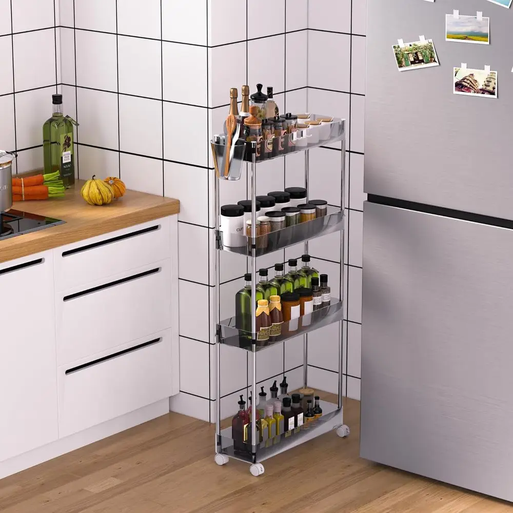 

Acrylic 4-Tier Rolling Cart, Slim Utility Cart or Storage, Mobile Storage Cart with Lockable Wheels Hooks&Bucket or Oice,Kitchen