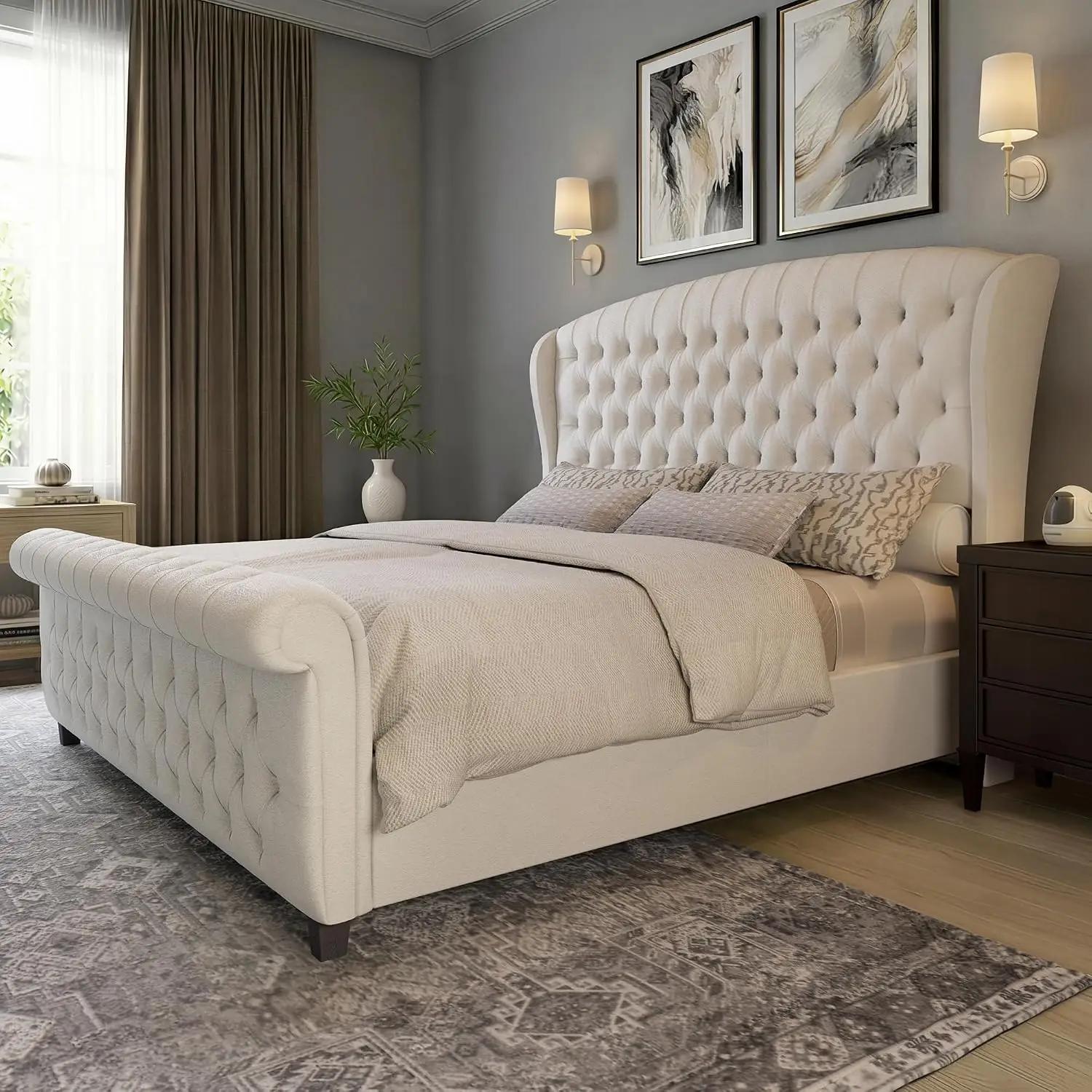 Upholstered Sleigh Bed Frame Tufted Headboard King Size Platform Wooden Slats Support Bedroom Furniture, Customized