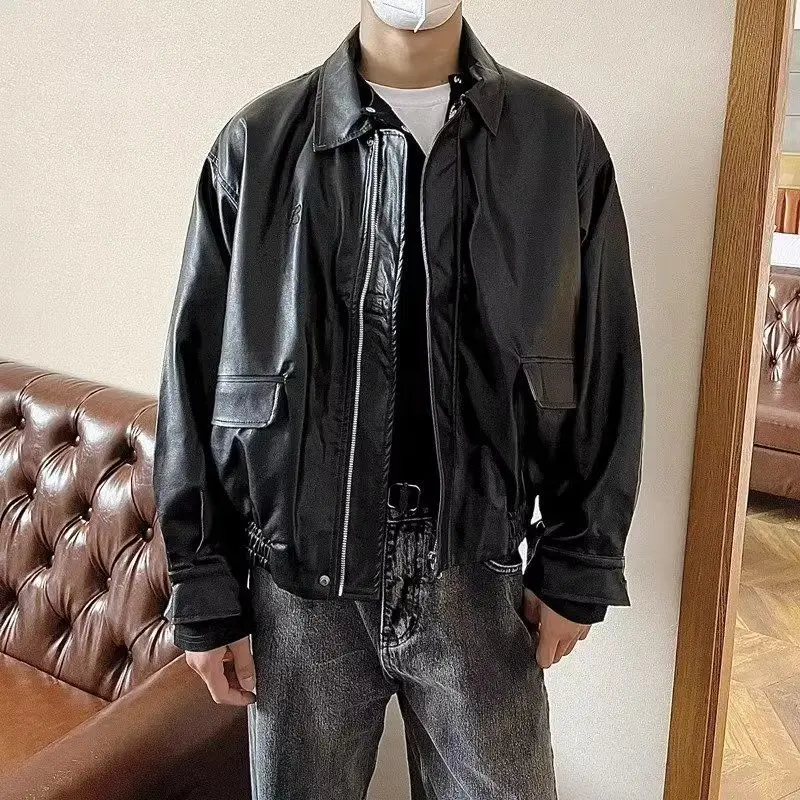 Korean Handsome Retro Street Leather Jacket for Men with Personality American Loose Y2K Hip-hop Car Jacket British Style Jacket