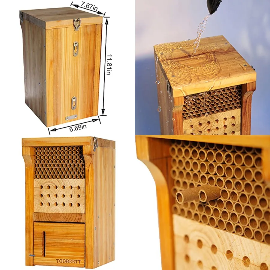 

Mason Bee House Wax Coated Mason Bee Hive Wooden Insect Hotel Carpenter Bee House for Outdoors Attracts Peaceful Bee Pollinator