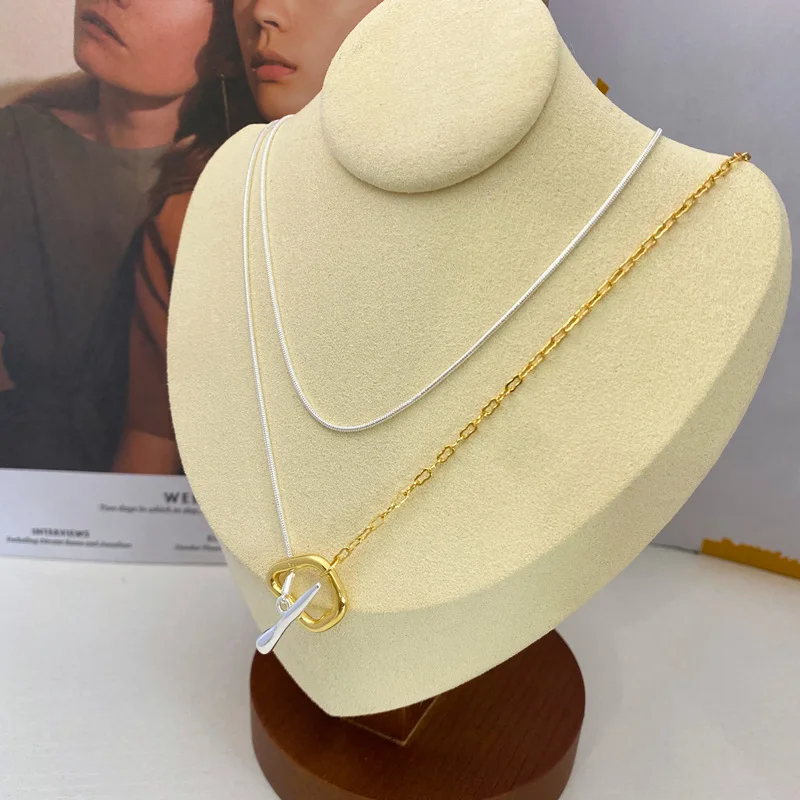 Japanese niche double-layer multi wearing gold and silver color blocked OT buckle long necklace for women